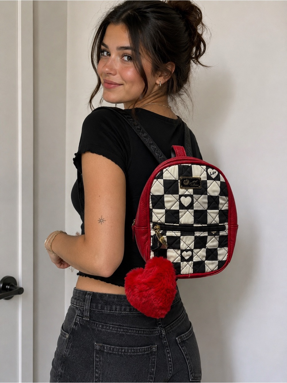 Luv Betsey by Betsey Johnson Mini Checkerboard Heart Backpack